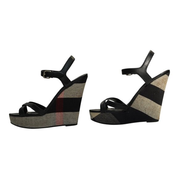 Burberry Black Leather Signature Check Wedges Platform Strappy Sandals Shoes 40 - Picture 5 of 10